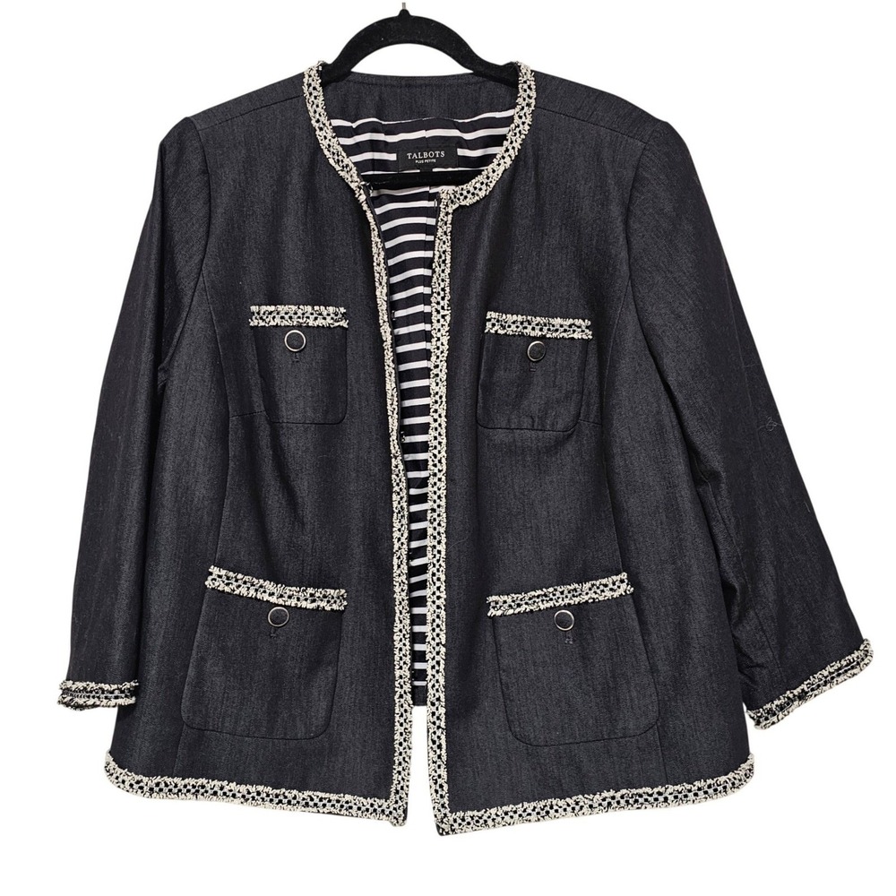 Talbots 18W Petite Collarless Blazer Open Front Jacket Charcoal Gray Fringe Trim